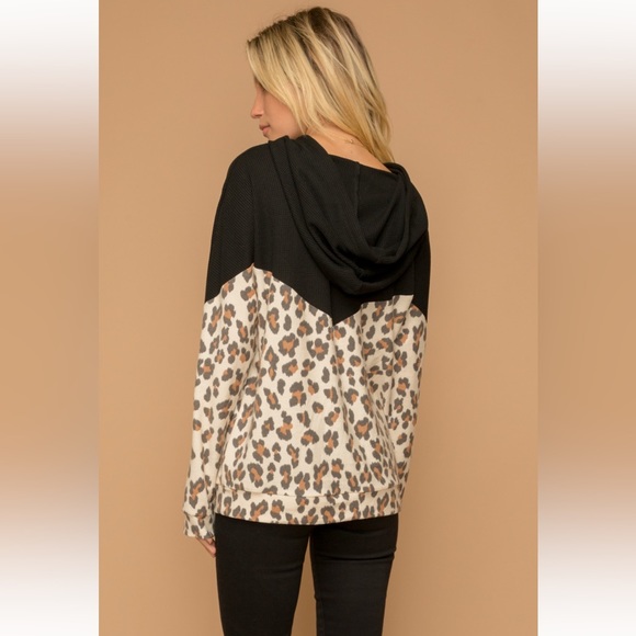 156. Leopard Print Color Block Half Zip Hoodie Black/Taupe NWT - Picture 6 of 8